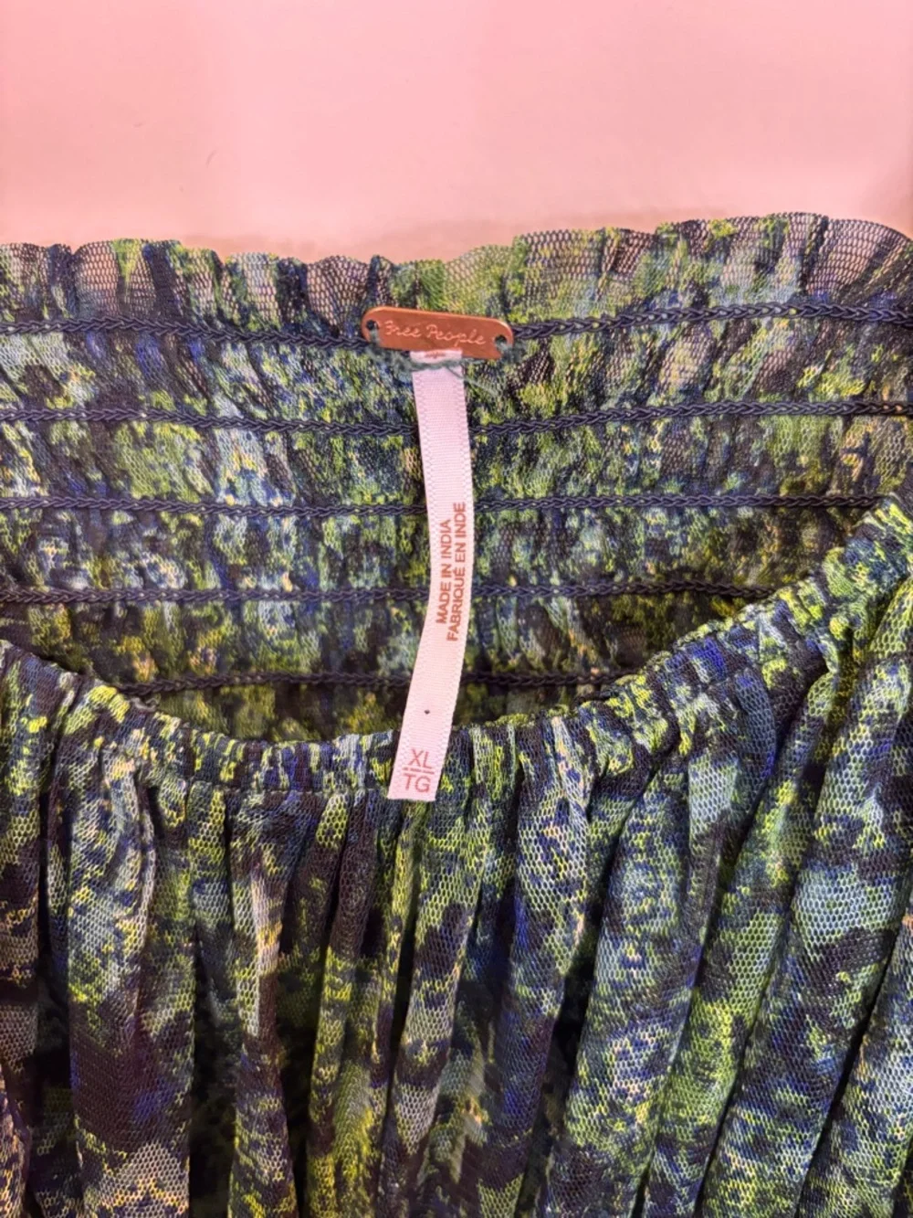 Free People Navy and Green Floral Square Neckline Short Sleeve Blouse Top XL